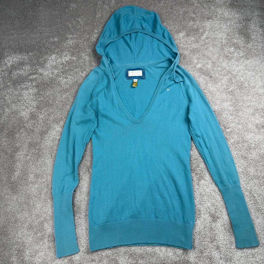 American Eagle Outfitters Teal V-Neck Hooded Sweater Size M Lightweight Knit